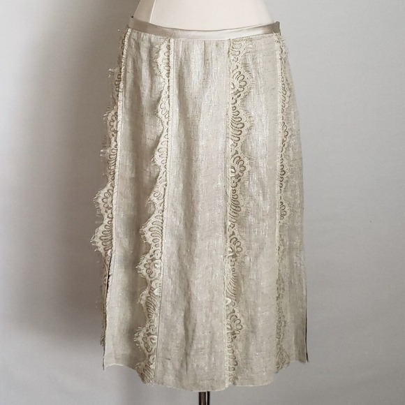 St John Couture Beige Linen Lace Flapper Slit A-Line Skirt- Size 6 - Picture 3 of 8